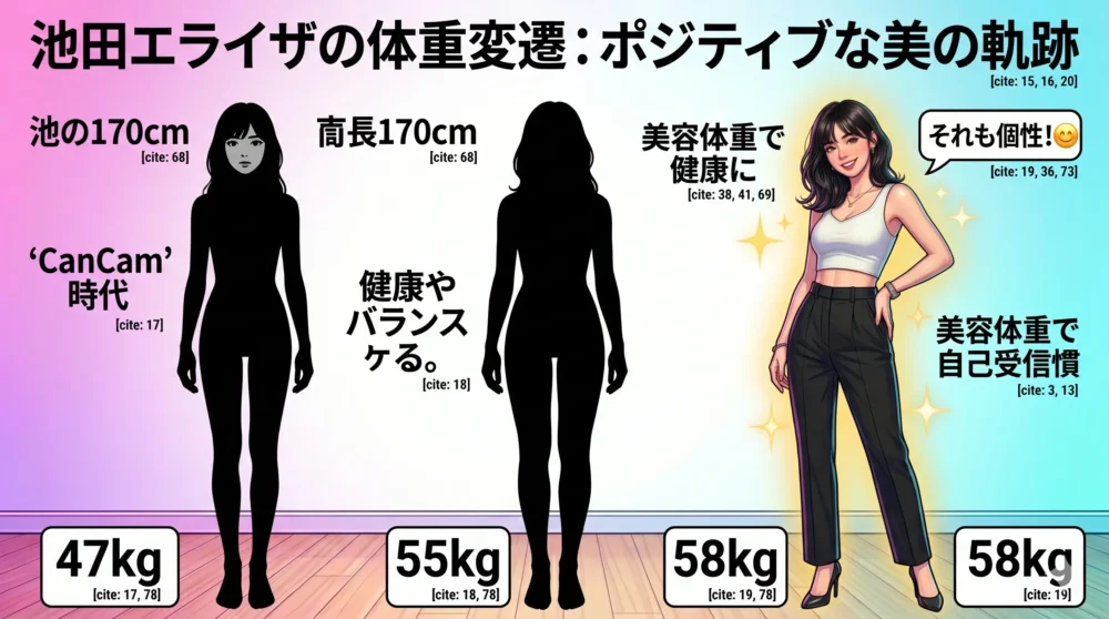 池田エライザの体重変遷（47kgから55kg、58kgへ）と、それぞれの体型をポジティブに表現した分かりやすい図解イラスト