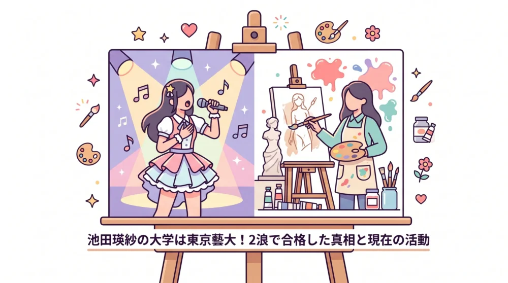 乃木坂46・池田瑛紗の東京藝術大学合格とアイドル活動の両立をイメージした、タイトル入りのアイキャッチ用イラスト。2浪の末の合格と現在の活動を象徴するデザイン。
