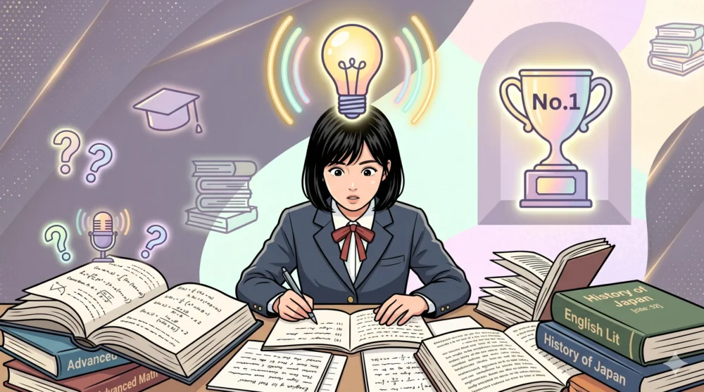 郁文館中学校時代に学費免除と学年1位を目指して猛勉強する女子生徒のイラスト