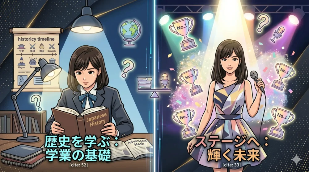 郁文館高校での勉強と乃木坂46への加入・アイドル活動の両立を表現したイラスト