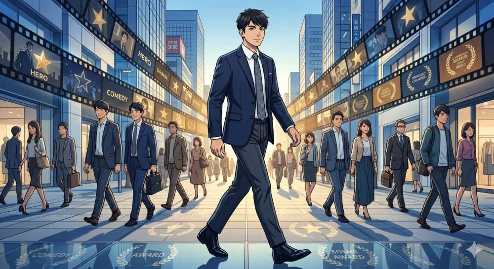 日本アカデミー賞優秀助演男優賞を受賞するなど、伊藤健太郎の俳優としての経歴と代表作をイメージした映画モチーフのイラスト。