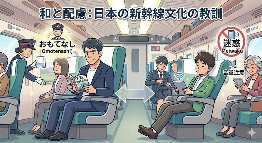 日本の公共空間における「他者への配慮」や「思いやり」の文化を象徴する、新幹線車内の乗客たちのイラスト