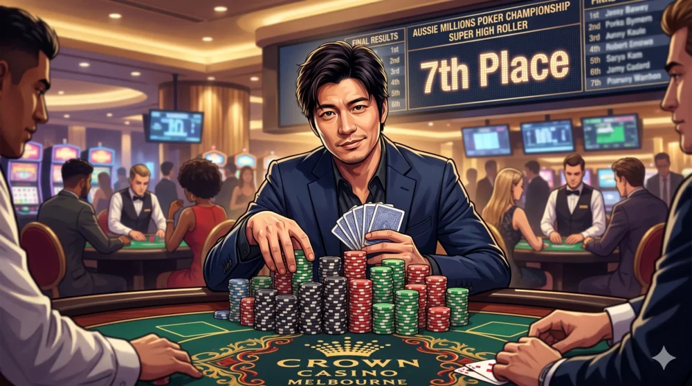 ポーカー国際大会「オージーミリオン」で7位に入賞し、1250万円の賞金を獲得した日本人俳優のイラスト