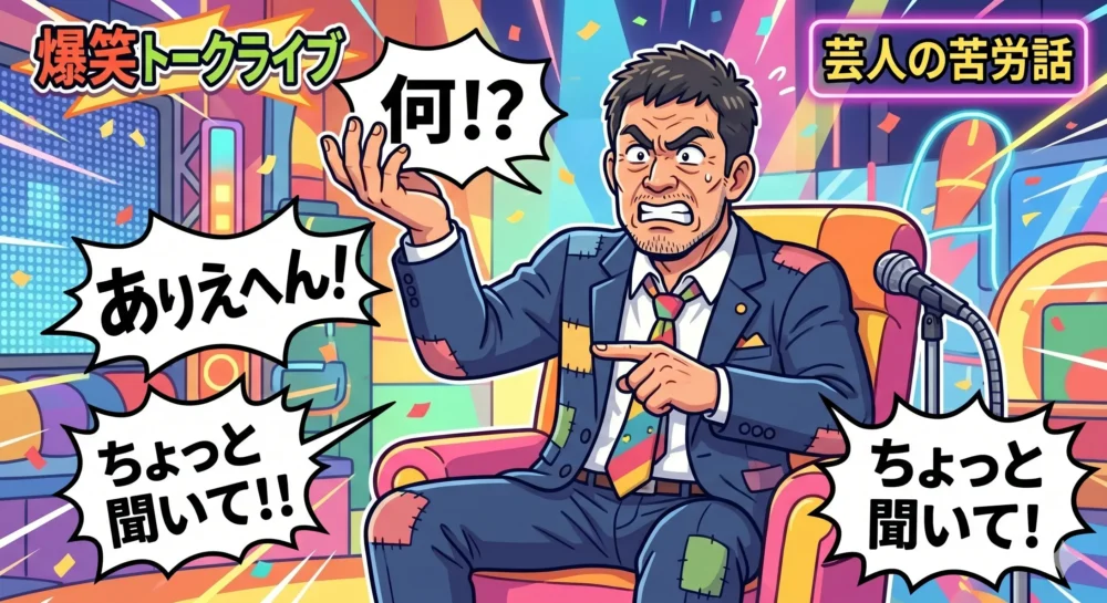 テレビ番組やトークライブで、新幹線での苦労話を身振り手振りを交えて熱弁する芸人のイラスト