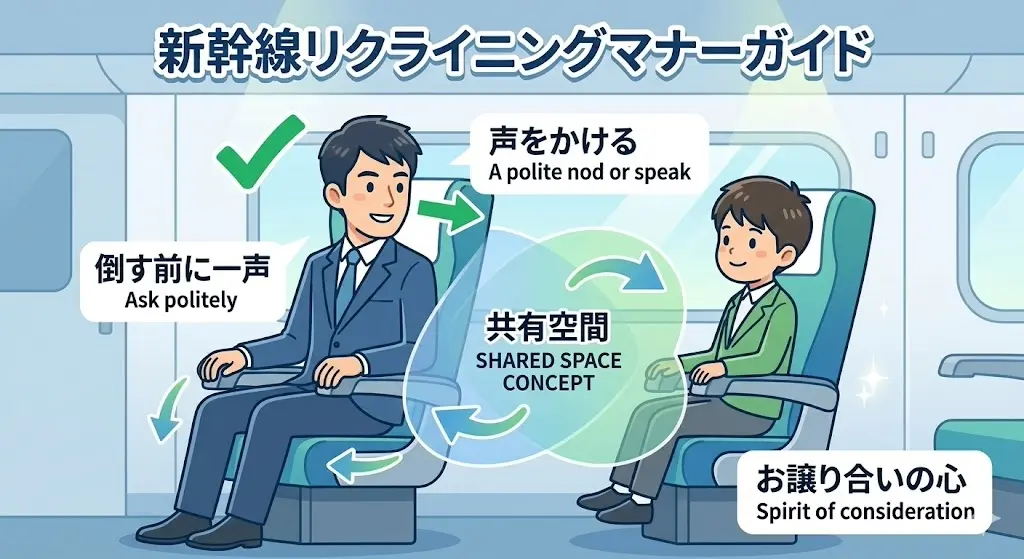 JR各社の新幹線リクライニングに関する見解(譲り合い・一声かける)をまとめた分かりやすい図解イラスト