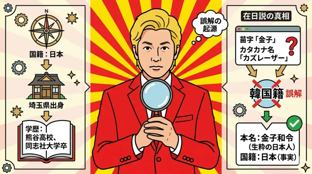 熊谷高校、同志社大学を経て芸能界で成功するカズレーザーの経歴を描いたイラスト。