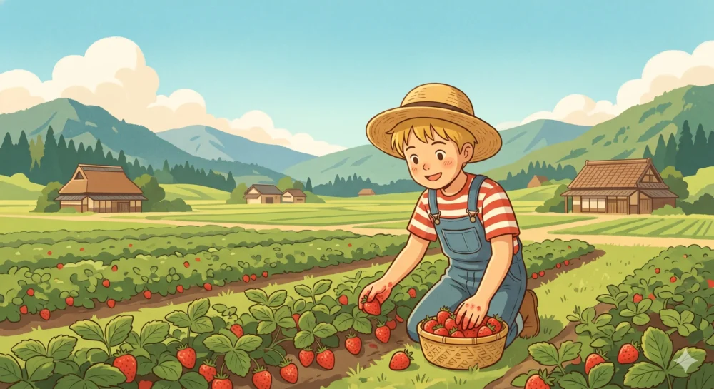 埼玉県加須市にある実家のイチゴ農園で過ごす、カズレーザーの生い立ちをイメージしたイラスト。