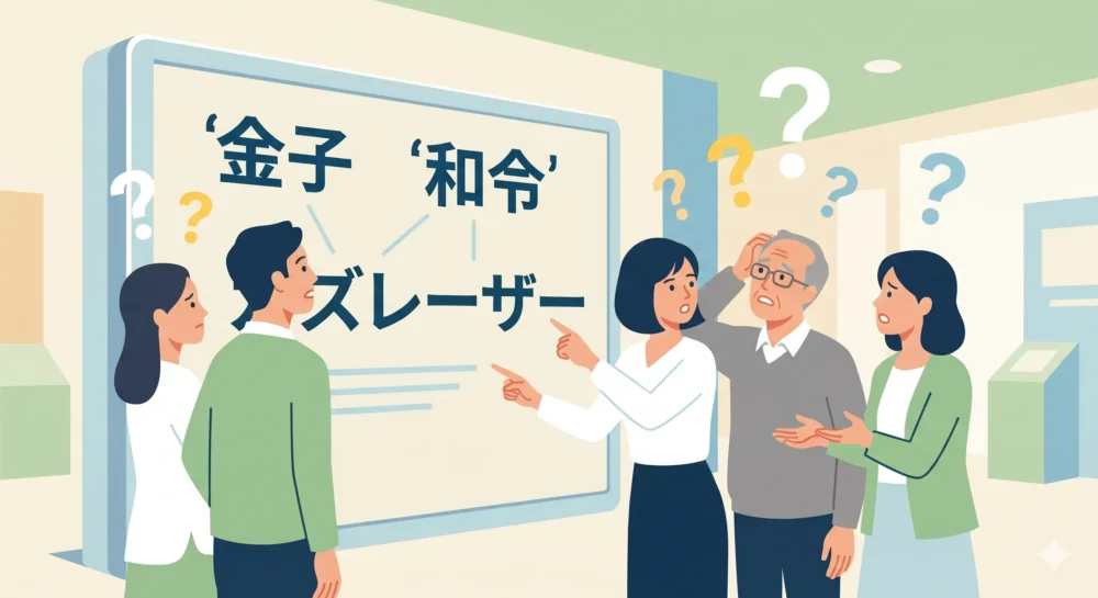 カズレーザーが在日韓国人だと誤解された理由（苗字や芸名の語感）を分析するイメージイラスト。