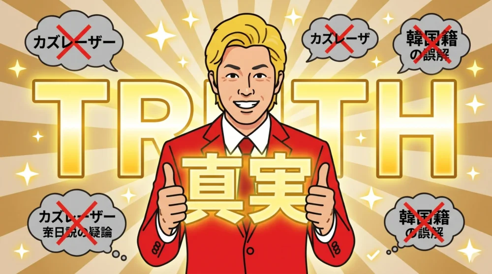 カズレーザーの国籍が日本であり、噂が誤解であったことを結論づけるまとめイラスト。