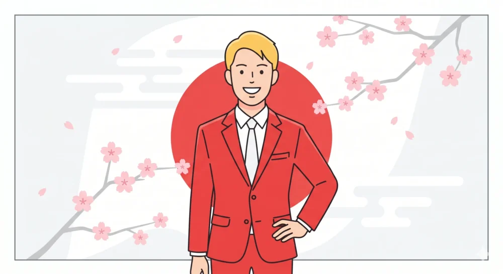カズレーザーの国籍が日本であることを象徴する、赤い服と金髪の男性のイラスト。