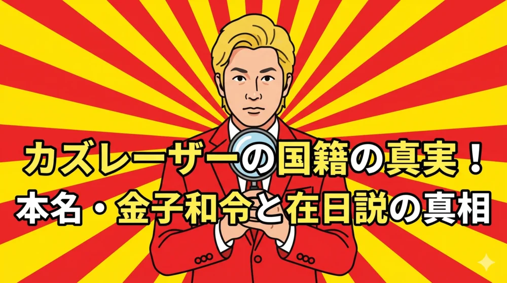 カズレーザーの国籍と本名の真実を解説するブログ記事のアイキャッチ画像。赤い服の男性と「国籍の真実」の文字。