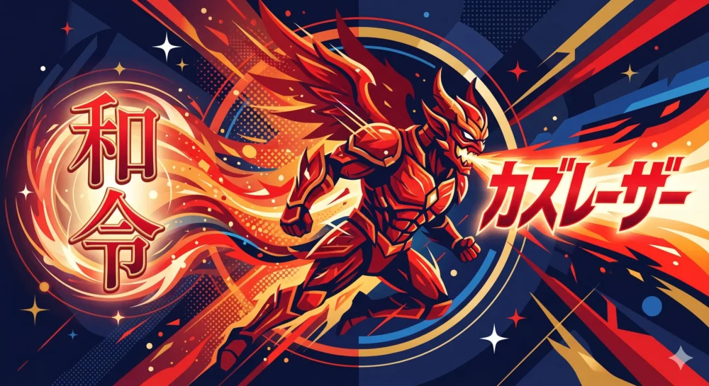 カズレーザーの本名「和令」と芸名の由来（カニレーザー）を表現したデザインイラスト。