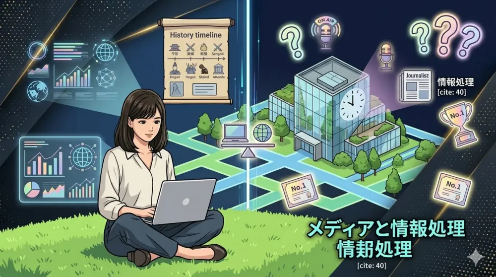 慶應義塾大学環境情報学部(SFC)で情報処理やメディアを学ぶ女子大学生のイメージイラスト