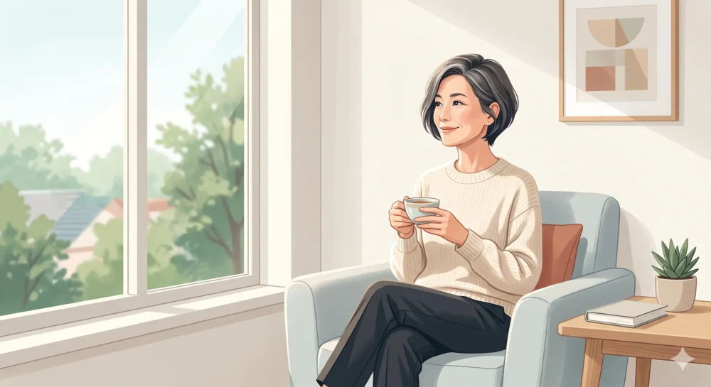 2026年に休養を発表した小泉今日子さんをイメージした、穏やかな休息の様子。