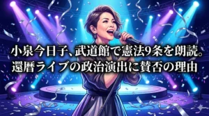 小泉今日子の還暦ライブ「KK60」武道館公演での憲法9条朗読と政治演出の賛否を解説するブログ記事のアイキャッチ画像。