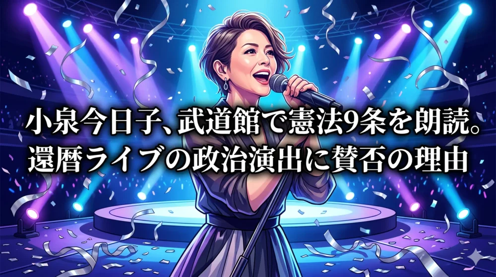 小泉今日子の還暦ライブ「KK60」武道館公演での憲法9条朗読と政治演出の賛否を解説するブログ記事のアイキャッチ画像。