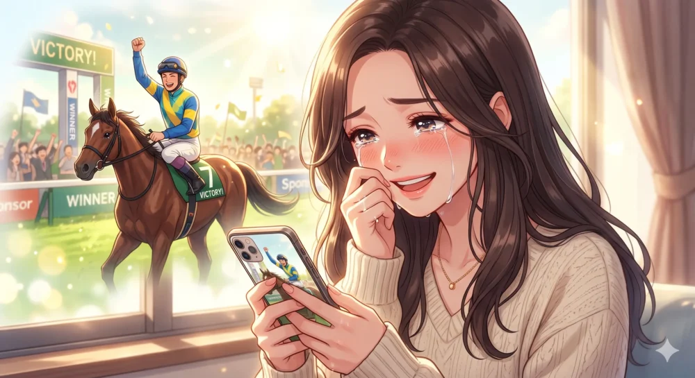 三浦皇成のG1制覇に涙して喜ぶ妻・ほしのあきの献身的なサポートをイメージしたイラスト