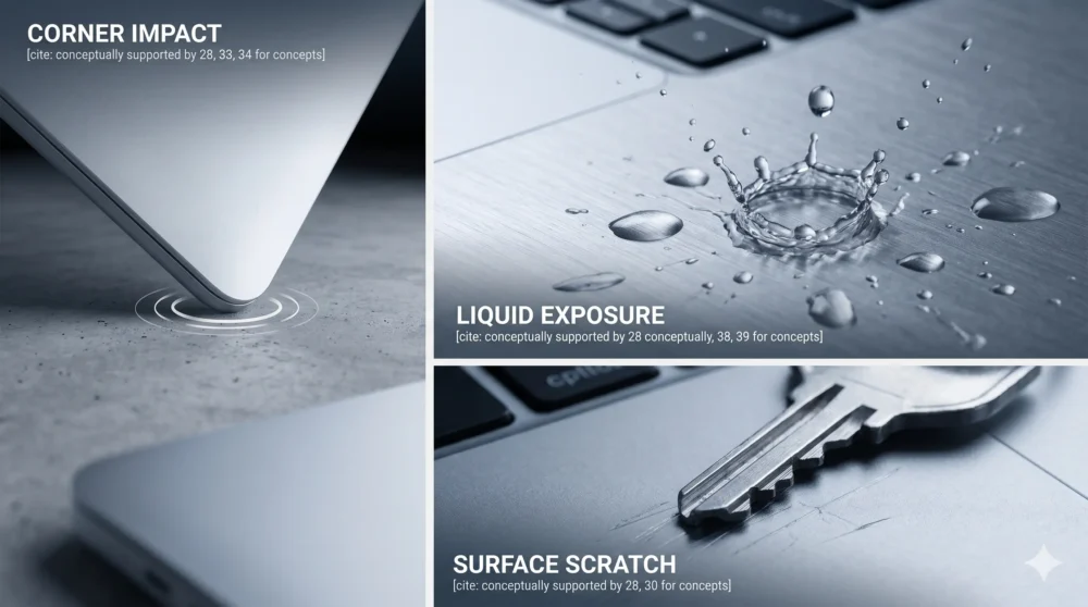 ノートPCが故障する3つの原因(落下、水濡れ、カバン内での接触)を表現した実写ベースの合成画像。
