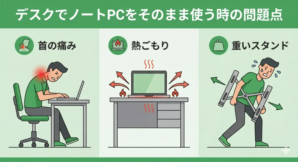 ノートPCを机に直置きして使うことの3つのリスク(首の痛み、熱ごもり、スタンドの重さ)を表したわかりやすい図解イラスト