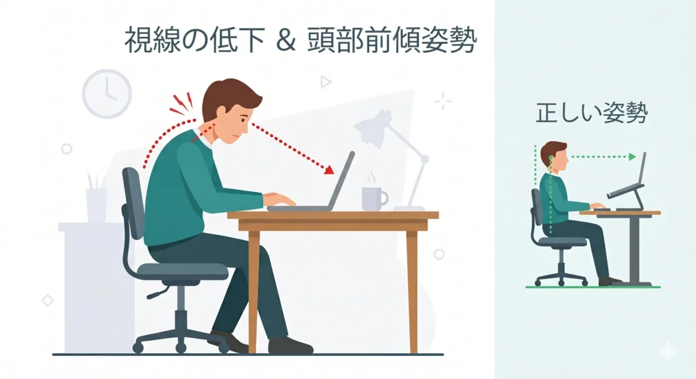 目線が下がり、首や背中が丸まってしまうノートPC作業の姿勢原因解説イラスト