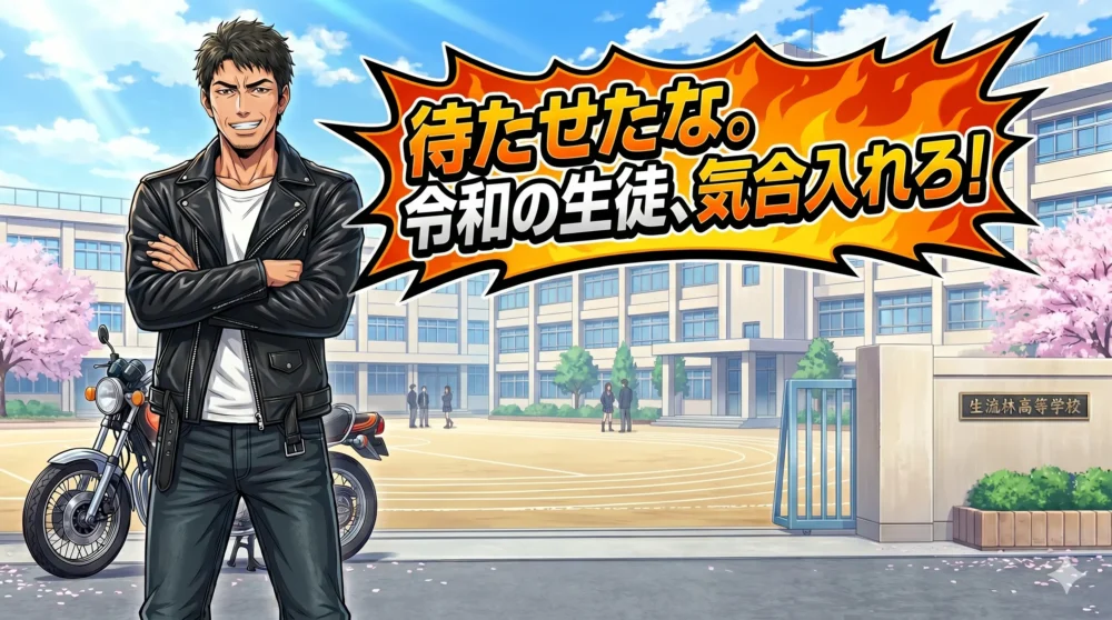 伝説の熱血教師役の男性教師のコメントイラスト。