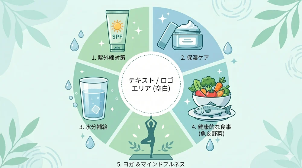 水分補給や紫外線対策など、リン・チーリンが実践する5つの美の秘訣をまとめた図解。