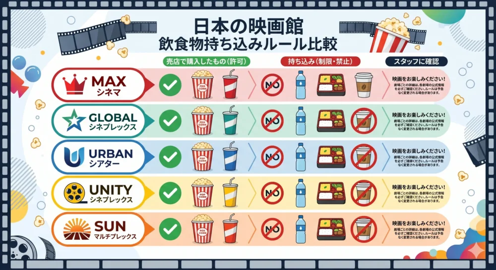 TOHOシネマズやイオンシネマなど、主要映画館チェーン別の飲食物持ち込みルールの違いをイメージしたイラスト。
