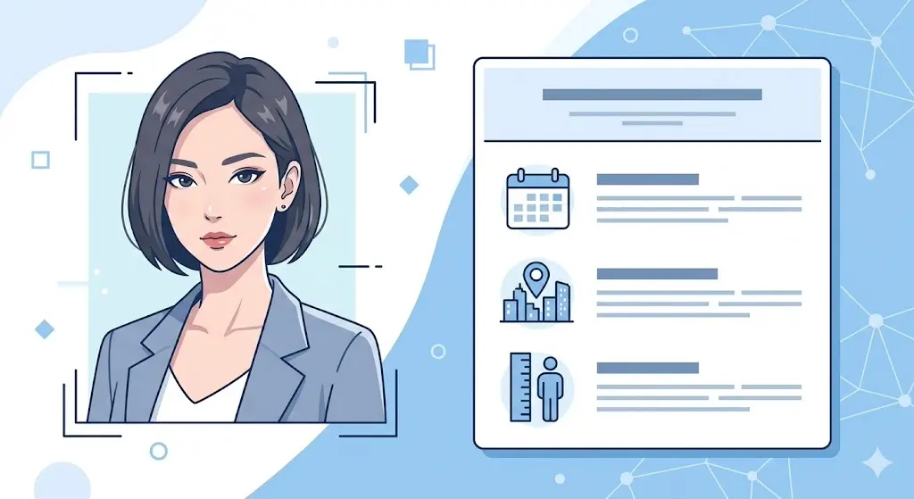 ショートカットの日本人女優のイラストと、身長160cmをイメージしたプロフィール表のインフォグラフィック。
