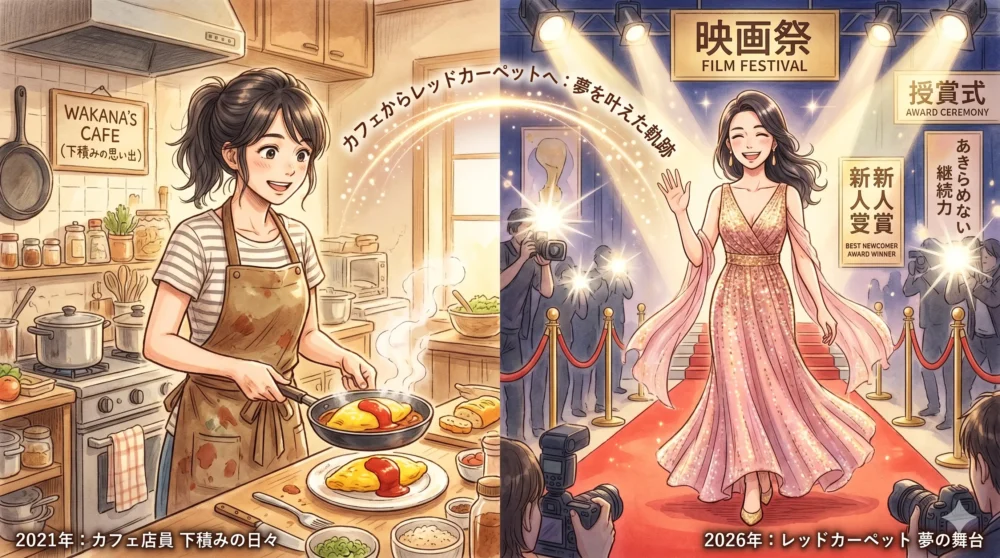 15年の下積みを経てカフェ店員から大ブレイクを果たした松本若菜の経歴の軌跡を示すイラスト