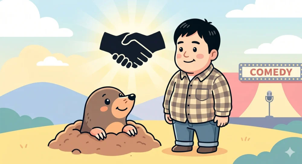 芸名「もぐら」の由来となったモグラのキャラクターと空気階段結成のイメージ