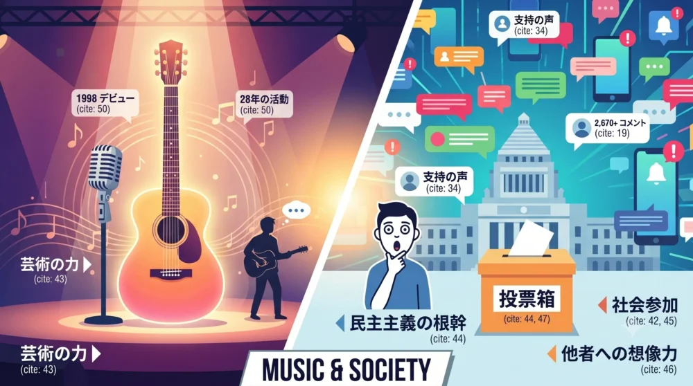 アコースティックギターと社会・政治のモチーフが交差する抽象イラスト。ミュージシャンやアーティストが政治的発言をすることの是非についての考察。