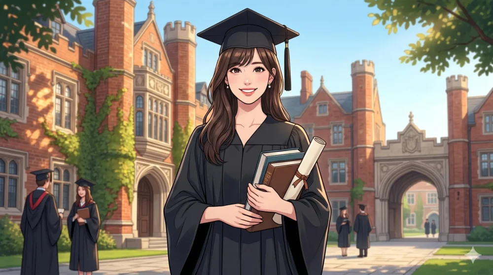 慶應義塾大学を卒業した知的なエリートアナウンサーをイメージした、キャンパスを背景にする女性のイラスト。