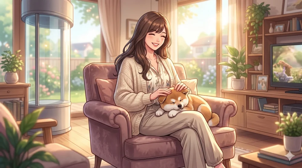 2026年最新の中川安奈のプライベートをイメージした、実家で愛犬とリラックスして過ごす自然体な女性のイラスト。