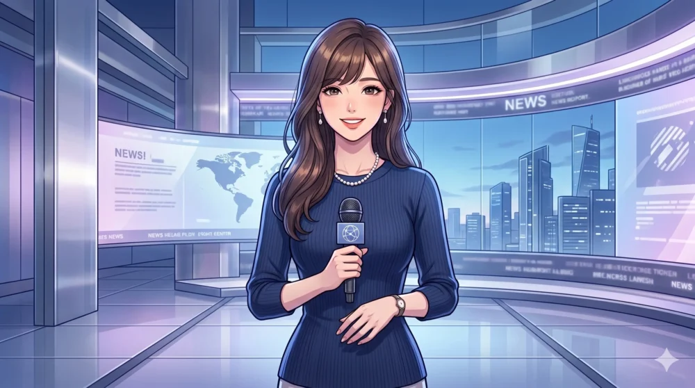 スタイル抜群で知性と色気を兼ね備え、ファンの間で「峰不二子」と称される美しい女性アナウンサーのイラスト。