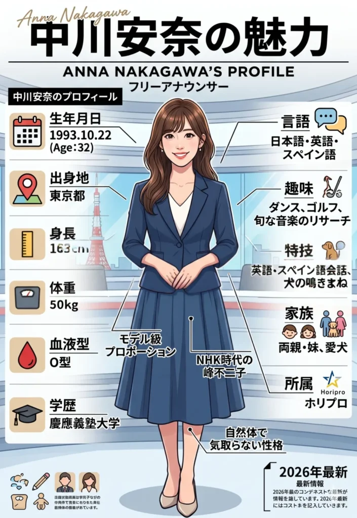 元NHKアナウンサーでホリプロ所属のフリーアナウンサー、中川安奈(1993年10月22日生・O型)のプロフィールをまとめたインフォグラフィックイラスト。身長163cm、体重50kgのモデル級プロポーションや、日本語・英語・スペイン語に対応する語学力、慶應義塾大学卒の学歴、趣味・特技(ダンス、ゴルフ、犬の鳴きまね)をアイコンとテキストで解説。ファンの間で「NHK時代の峰不二子」と称された魅力や、家族構成(両親、妹、愛犬)についても触れている。