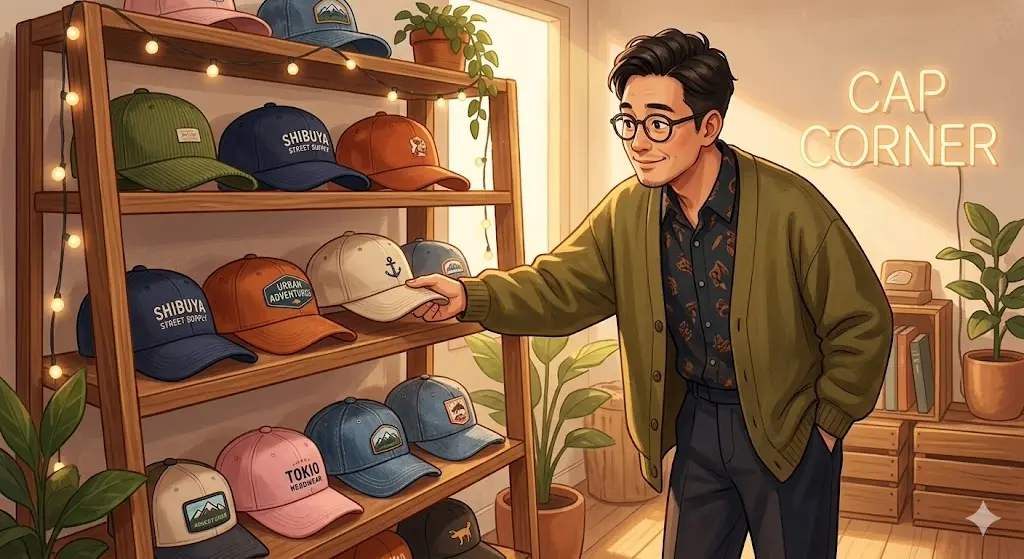 中山功太が愛用している帽子のバリエーションとファッションのこだわりをイメージしたイラスト。