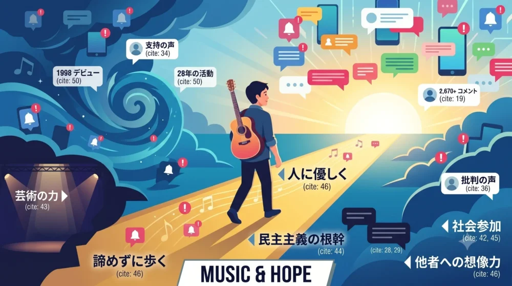 ギターを背負い、荒れた社会の中でも希望の光に向かって歩み続けるアーティストのイラスト。七尾旅人のスタンスのまとめ。