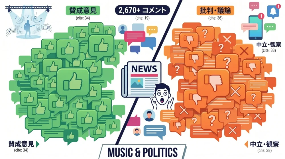 ネットニュースの記事を囲む大量の賛否両論のコメント吹き出しのイラスト。七尾旅人の発言に対するヤフコメ2,670件のネットの反応。