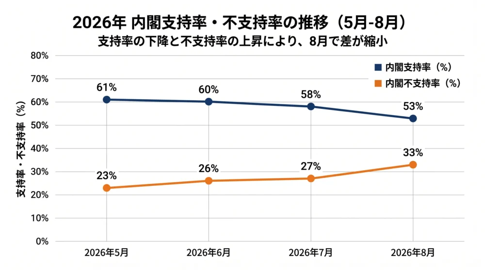 NHK調査による2026年5月から8月の内閣支持率の推移グラフ