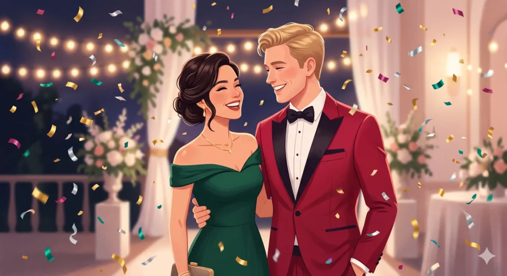 2025年に結婚を発表した二階堂ふみとカズレーザーをイメージした、祝福ムードあふれるカップルのイラスト。