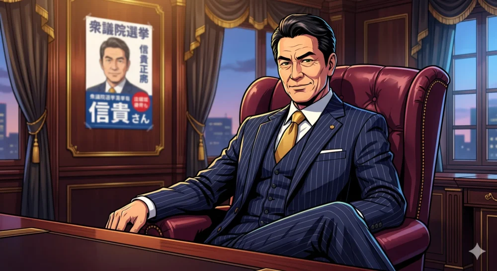信子の父親、信貴久治氏をイメージしたイラスト。莫大な富を築いたカリスマ的な実業家・組長の風格。