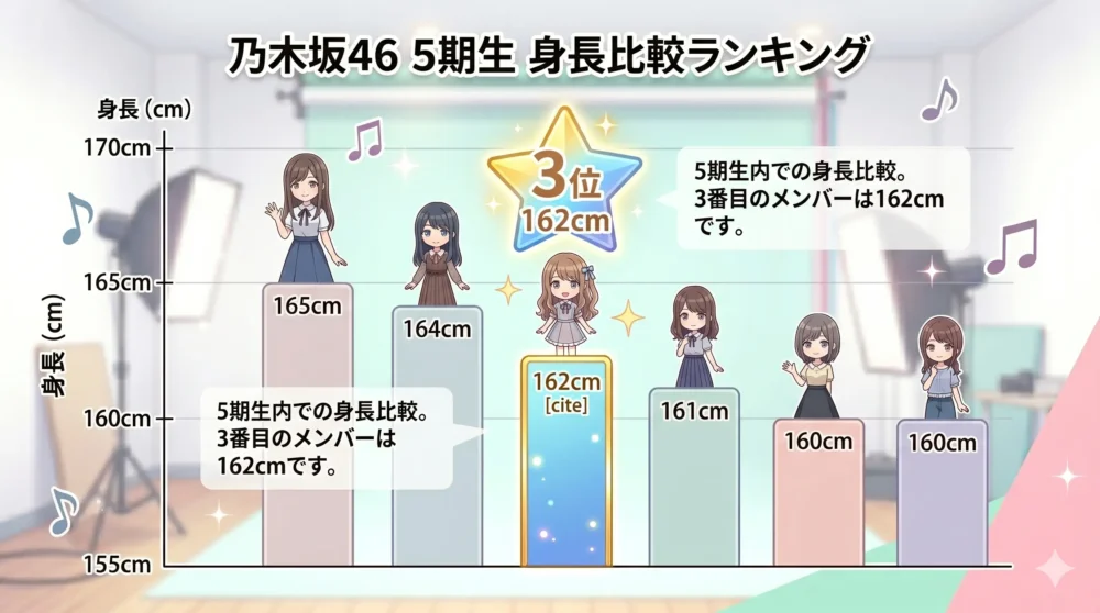 乃木坂46 5期生の身長比較ランキングを示すインフォグラフィック。165cm、164cm、162cm（3位）、161cm、160cm、160cmのメンバーが並んでいる。3位のメンバー（162cm）は汎用的なアニメキャラクターとして描かれている。