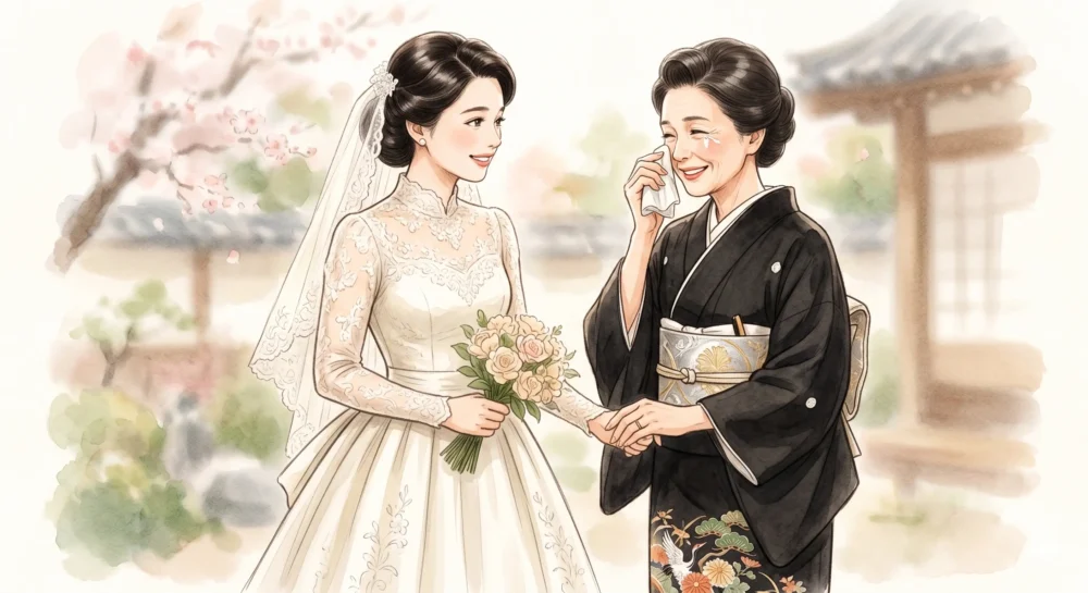 能條愛未が着用した、35年前に三田寛子が着用したドレスと同じデザイナーによるウェディングドレス姿と、それを涙で祝福する三田寛子のイラスト 。