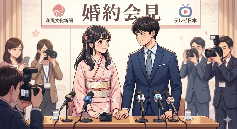 婚約記者会見で恥ずかしそうに見つめ合う、薄桃色の着物を着た女性とスーツ姿の男性のイラスト。