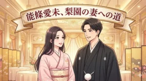 中村橋之助と能條愛未の結婚披露宴をイメージした、着物姿の美しい女性と黒紋付羽織袴の男性の華やかなイラスト。文字「能條愛未、梨園の妻への道」入り。