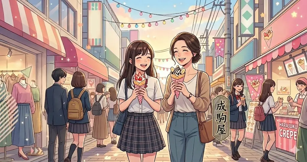 高校時代に原宿でクレープを食べた思い出など、能條愛未と家族の微笑ましい日常エピソードを集めたイメージイラスト