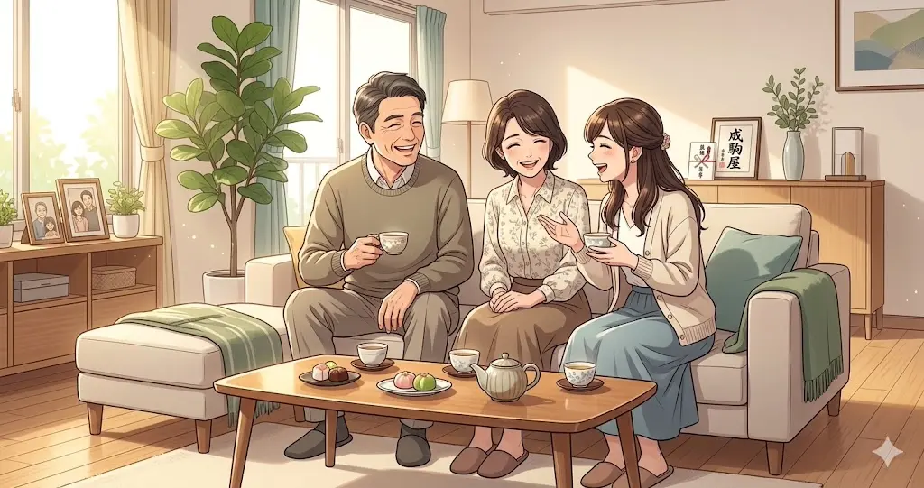 能條愛未の3人家族(父親・母親・本人)の温かい家庭環境をイメージしたリビングでの家族団らんのイラスト