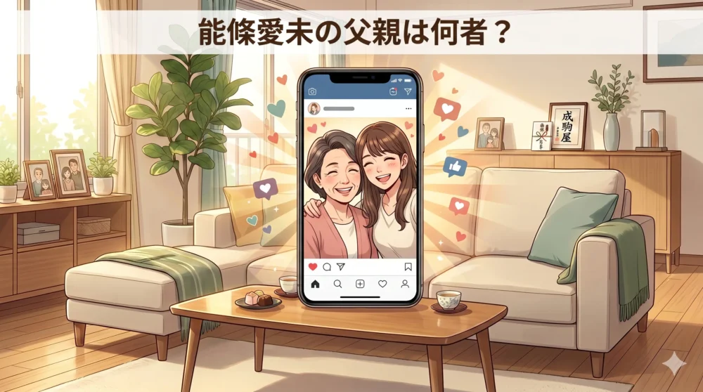 能條愛未がインスタ等で発信する父親・母親への感謝のメッセージと家族愛をイメージした、スマートフォン画面に映る親子のイラスト