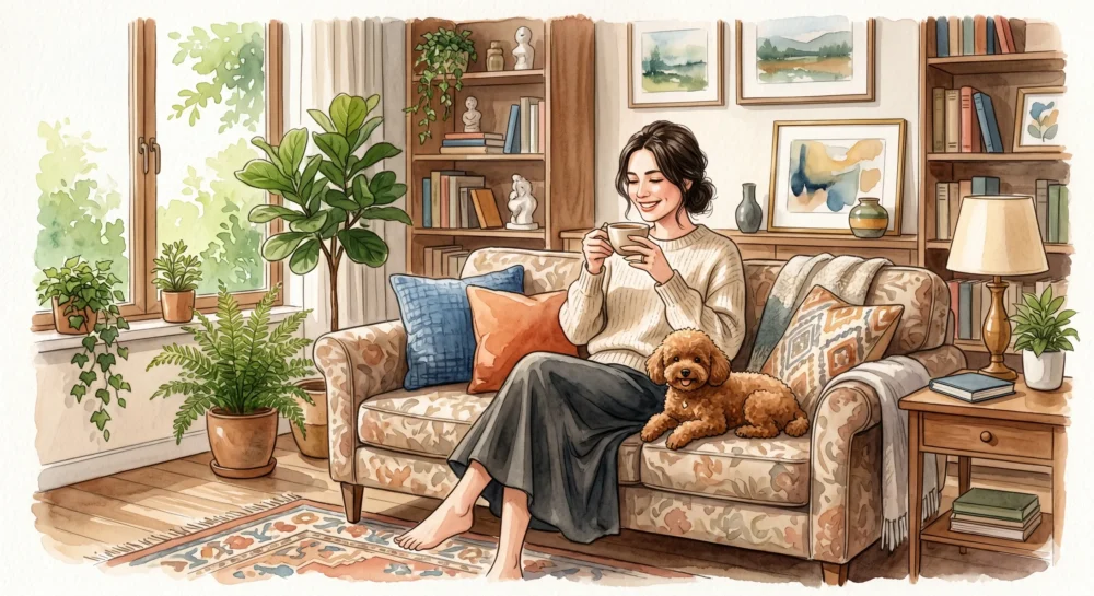 愛犬と暮らす大原かおりのプライベートな日常を描いたイラスト