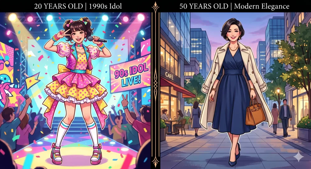 大原かおりの若い頃と現在の姿を比較するイラスト